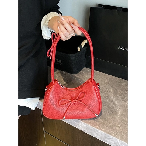 Women Bowknot Lychee Texture Underarm Bag PU Leather Solid Color Dumpling Shape Shoulder Bag Fashion Retro Handbag For Daily