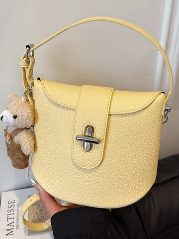Damen PU Leder Litchi Maserung Schultertasche Minimalistische Eimertasche Umhängetasche Mit Bärenanhänger Für Den Alltag Mode