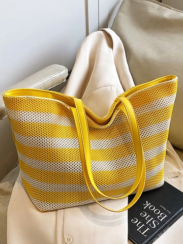 Große Kapazität PU Gewebte Gestreifte Tote Bag Für Damen Mode Minimalistische Schultertasche Casual Sommer Urlaub Handtasche