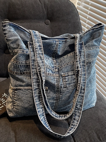 Borsa Tote in Denim da Donna a Grande Capacità Borsa a Tracolla in Jeans Lavati Vintage Borsa da Scuola per Studenti Minimalista