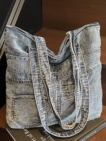Borsa Tote in Denim da Donna a Grande Capacità Borsa a Tracolla in Jeans Lavati Vintage Borsa da Scuola per Studenti Minimalista
