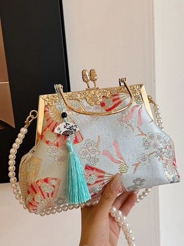 Bolso de Noche de Satén Bordado de Estilo Chino Vintage Con Cadena de Perlas Artificiales Borla Abanico Floral Mujer