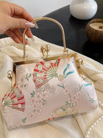 Bolso de Noche de Satén Bordado de Estilo Chino Vintage Con Cadena de Perlas Artificiales Borla Abanico Floral Mujer