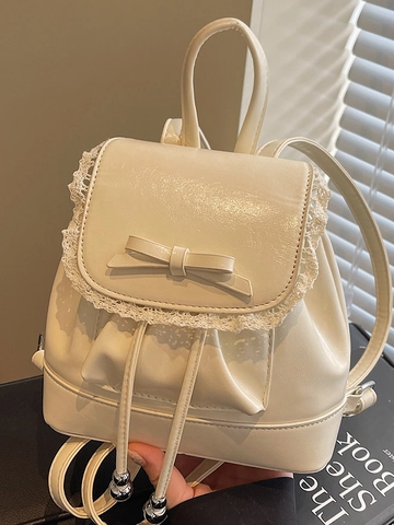 Women Mini PU Leather Backpack Ballet Style Bow Lace Sweet Student Fashion Daypack Casual Travel School Bag For Girls