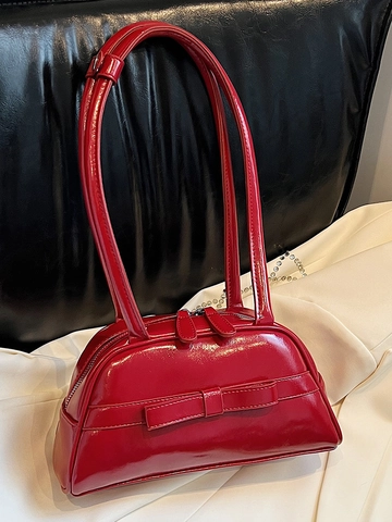 Damen Fashion Schleife Achseltasche Einfache PU Leder Umhängetasche Retro Süße Pendler Büro Handtasche Mit Doppelreißverschluss