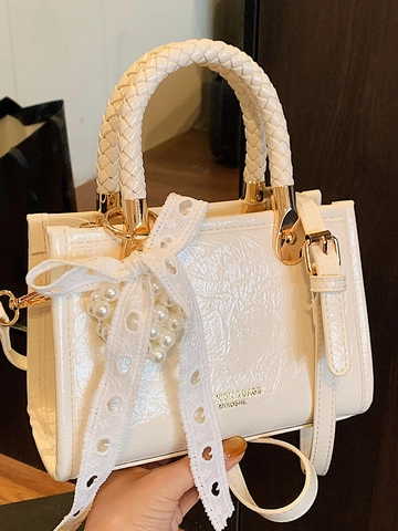 Dames Gerimpelde PU Leer Kleine Vierkante Tas Met Gevlochten Handvat Parel Hart Boog Crossbody Schoudertas Voor Dagelijks Gebruik