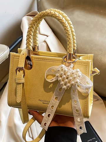 Dames Gerimpelde PU Leer Kleine Vierkante Tas Met Gevlochten Handvat Parel Hart Boog Crossbody Schoudertas Voor Dagelijks Gebruik