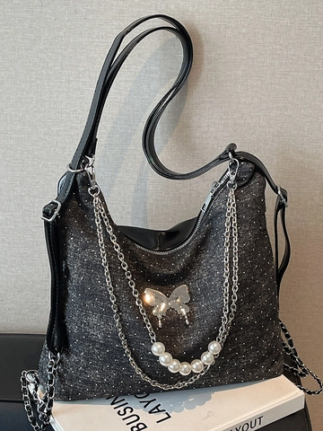 Large Capacity PU Denim Texture Tote Bag Butterfly Artificial Pearl Chain Shoulder Bag Rhinestone Sparkling Y2K Hobo Bag For Women