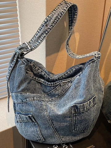 Borsa a Spalla in Denim da Donna Grande Capacità Retrò Cuciture a Contrasto Multitasca Hobo Bag Jeans Lavati Borsa a Tracolla