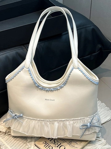 Sweet Girly Bowknot Ruffle Tote Bag Large Capacity Women Shoulder Underarm Bag PU Leather Lolita Style Fashion Handbag