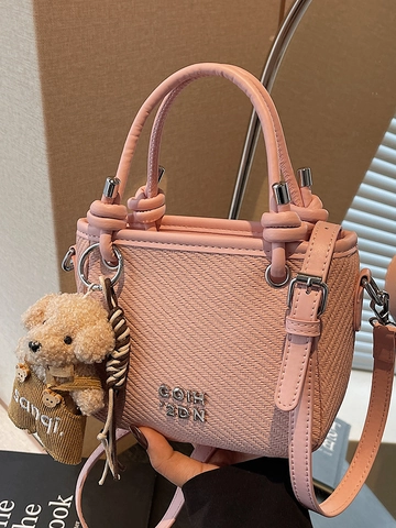 Damen Mode PU Gewebt Mini Bucket Bag Mit Süßem Bären Anhänger Trendy Handtasche Schultertasche Umhängetasche Casual Daily Reise Satchel
