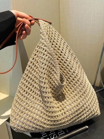 Damen Große Kapazität Baumwolle Gewebte Schultertasche Durchbrochene Strand Urlaub Tote Bag Sommer Minimalistische Reise Achseltasche