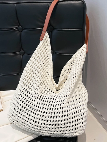 Damen Große Kapazität Baumwolle Gewebte Schultertasche Durchbrochene Strand Urlaub Tote Bag Sommer Minimalistische Reise Achseltasche