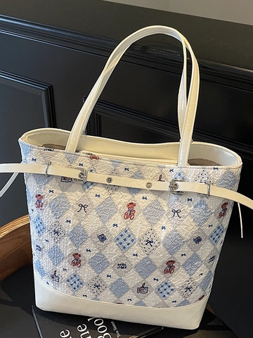 Borsa Tote da Donna con Stampa a Cartone Animato Orso e Foca Grande Capacità Borsa a Spalla in Pelle PU e Tessuto per Pendolarismo