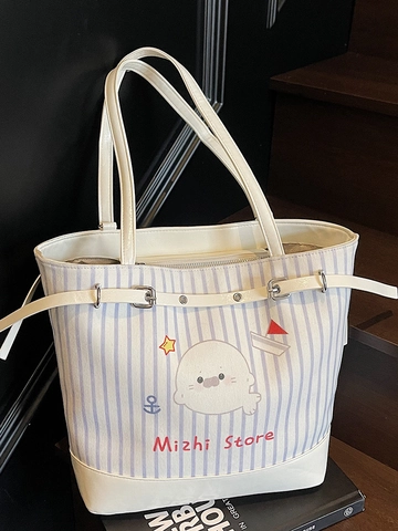 Borsa Tote da Donna con Stampa a Cartone Animato Orso e Foca Grande Capacità Borsa a Spalla in Pelle PU e Tessuto per Pendolarismo