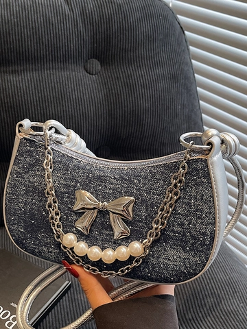 Bolso de Axila Plisado con Lazo a la Moda para Mujer con Cadena de Perlas Artificiales Bolso de Hombro de Mezclilla para Fiesta Diaria