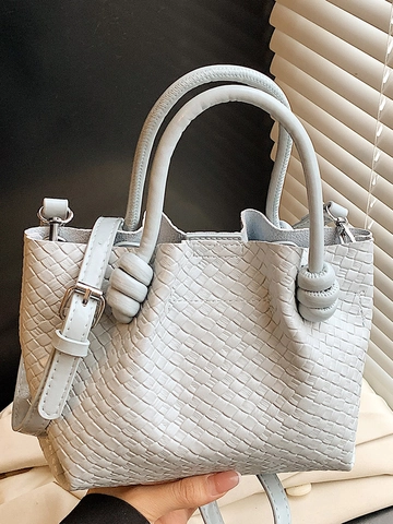 Damen Gewebte Eimertasche Mode PU Leder Umhängetasche Mit Knotengriff Detail Umhängetasche Pendler Handtasche Für Damen