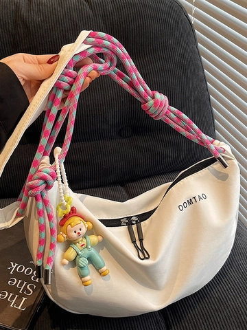 Borsa a Spalla da Donna in Tela a Mezzaluna Tracolla in Corda Intrecciata Borsa a Tracolla Dumpling Streetwear Casual Con Ciondolo