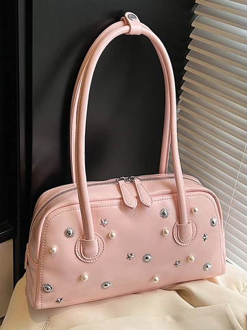 Vintage Star Studded Artificial Pearl PU Leather Shoulder Bag For Women Large Capacity Chic Underarm Handbag Boston Bag