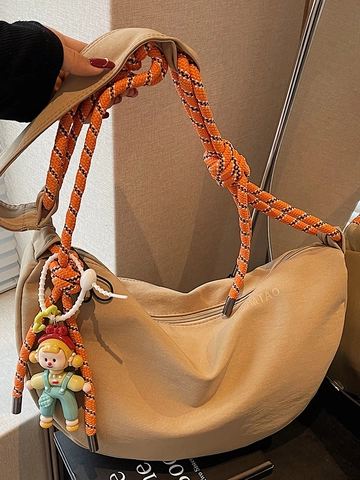 Borsa a Spalla da Donna in Tela a Mezzaluna Tracolla in Corda Intrecciata Borsa a Tracolla Dumpling Streetwear Casual Con Ciondolo