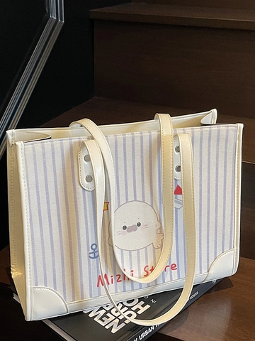 Dames Gestreepte Canvas Tote Bag Mode Cartoon Dierenprint Grote Capaciteit Schoudertas Casual Zomer Handtas Dagelijks Gebruik