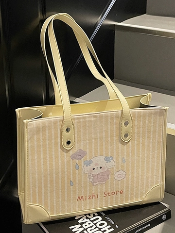 Dames Gestreepte Canvas Tote Bag Mode Cartoon Dierenprint Grote Capaciteit Schoudertas Casual Zomer Handtas Dagelijks Gebruik