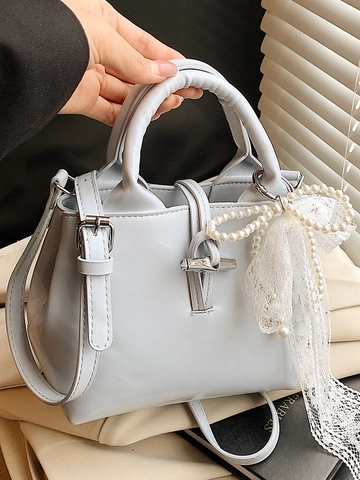 Sac Seau en Cuir PU pour Femmes Sac à Main d'Été Élégant Avec Nœud en Dentelle Charme Perle Artificielle Sac Bandoulière Mode