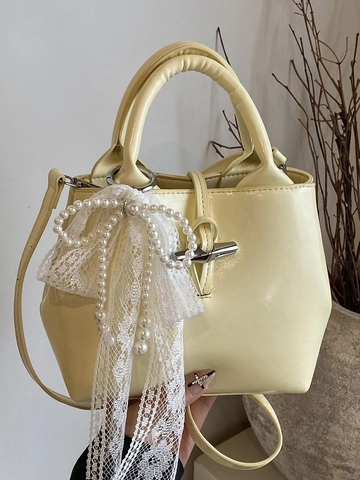 Sac Seau en Cuir PU pour Femmes Sac à Main d'Été Élégant Avec Nœud en Dentelle Charme Perle Artificielle Sac Bandoulière Mode