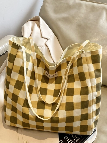 Bolso Tote de Lona de Gran Capacidad para Mujer Patrón de Cuadros Tablero de Ajedrez Ondas Bolso de Hombro Casual Viaje Diario Escuela Bolso Versátil