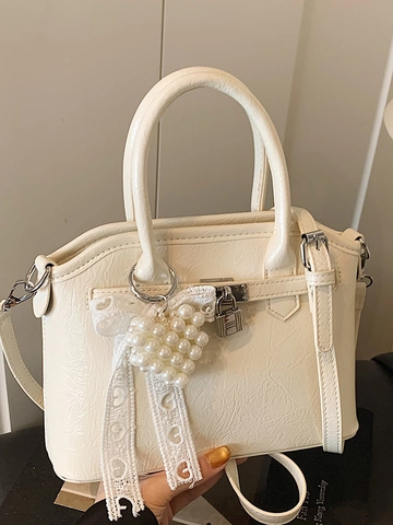 Damen Vintage Falten PU Leder Handtasche Mit Künstlicher Perle Herz Anhänger Metallschloss Chic Schulter Umhängetasche Mode Tasche