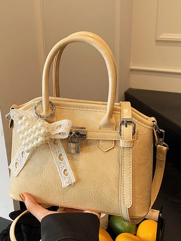 Damen Vintage Falten PU Leder Handtasche Mit Künstlicher Perle Herz Anhänger Metallschloss Chic Schulter Umhängetasche Mode Tasche