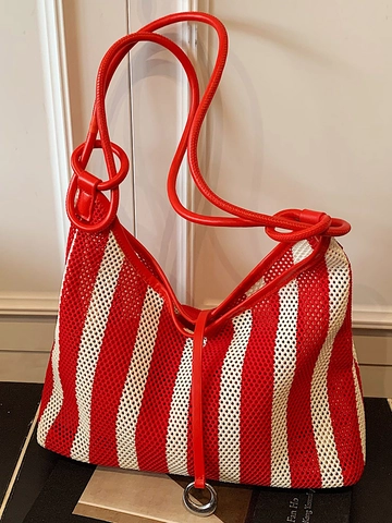 Women Large Capacity Striped Woven Tote Bag Mesh Hollow Out Shoulder Bag Contrast Color Underarm Bag Urban Summer Handbag