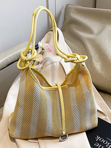 Women Large Capacity Striped Woven Tote Bag Mesh Hollow Out Shoulder Bag Contrast Color Underarm Bag Urban Summer Handbag