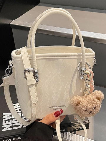 Women Urban Simple PU Leather Bucket Bag With Cute Bear Pendant Sweet Crinkled Texture Shoulder Crossbody Bag Handbag