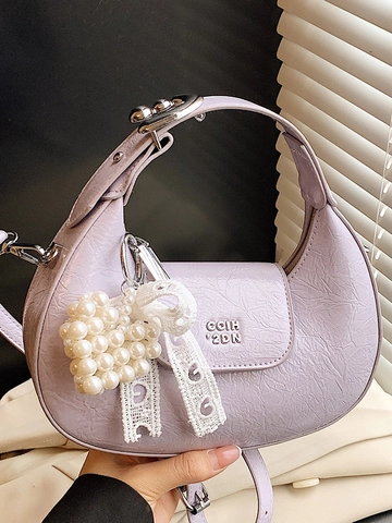 Women Pleated PU Leather Crescent Hobo Bag With Artificial Pearl Heart Charm And Lace Bow Chic Shoulder Crossbody Handbag