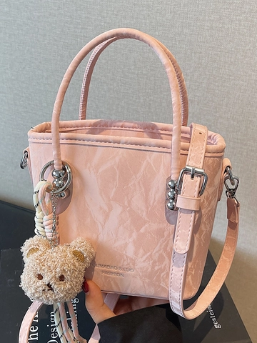 Women Urban Simple PU Leather Bucket Bag With Cute Bear Pendant Sweet Crinkled Texture Shoulder Crossbody Bag Handbag