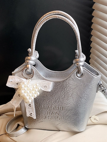 Women Pleated PU Leather Bucket Bag With Artificial Pearl Heart Pendant Lace Bow Fashion Shoulder Crossbody Bag For Daily Commute