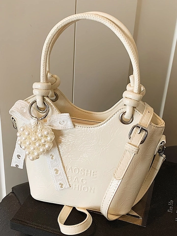 Women Pleated PU Leather Bucket Bag With Artificial Pearl Heart Pendant Lace Bow Fashion Shoulder Crossbody Bag For Daily Commute