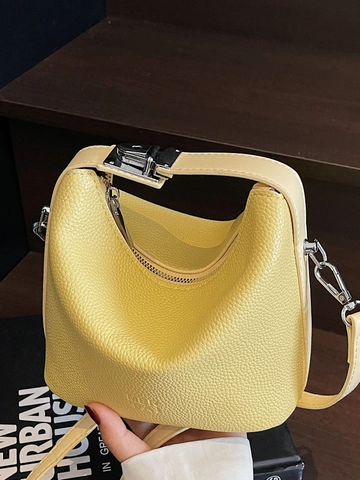 Women Litchi Pattern PU Leather Shoulder Bag Casual Small Square Handbag Crossbody Bucket Bag With Metal Buckle Daily Purse