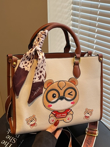 Women PU Leather Large Tote Bag Cartoon Bear Print Commuting Shoulder Bag With Scarf And Wide Strap Casual Handbag