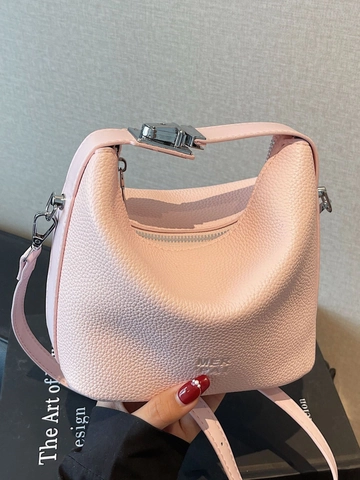 Women Litchi Pattern PU Leather Shoulder Bag Casual Small Square Handbag Crossbody Bucket Bag With Metal Buckle Daily Purse