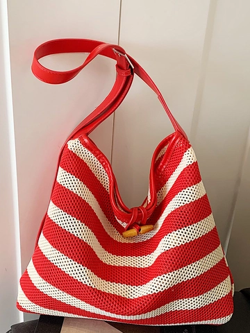 Fashion Women Striped Woven Tote Bag With Wood Button Large Capacity Shoulder Bag Casual Summer Beach Bag For Daily Use