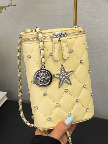 Borsa a Tracolla da Donna in Pelle PU Trapuntata per Cellulare Decorazione Stella in Strass Mini Borsa a Spalla alla Moda