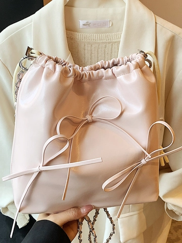 Mochila de Mujer Estilo Coreano con Lazo y Cordón Cubo de Piel Sintética Brillante Mini Bolso de Hombro Bolso de Viaje Moderno Diario