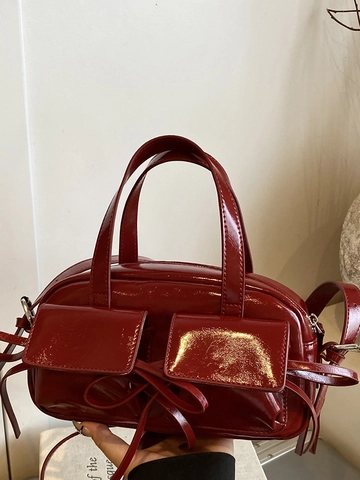 Mode Glänzende PU Leder Baguette Schultertasche Für Damen Nische Schicke Schleife Boston Handtasche Mit Verstellbarem Riemen Täglich Tasche