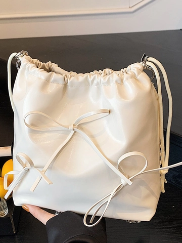 Mochila de Mujer Estilo Coreano con Lazo y Cordón Cubo de Piel Sintética Brillante Mini Bolso de Hombro Bolso de Viaje Moderno Diario