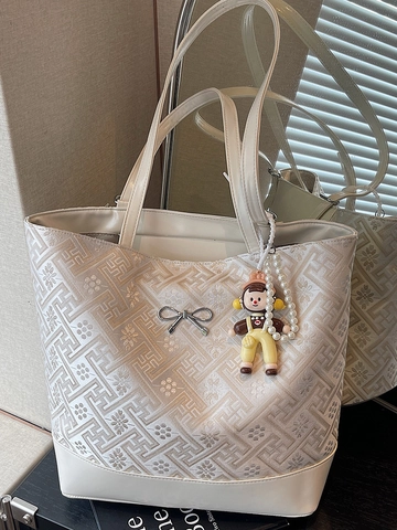 Borsa Tote da Donna a Grande Capacità Jacquard Geometrico Nicchia Moda Floreale Borsa a Tracolla Con Ornamento a Fiocco Ciondolo Bambola