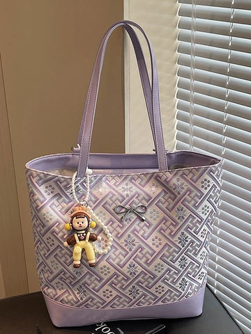 Borsa Tote da Donna a Grande Capacità Jacquard Geometrico Nicchia Moda Floreale Borsa a Tracolla Con Ornamento a Fiocco Ciondolo Bambola