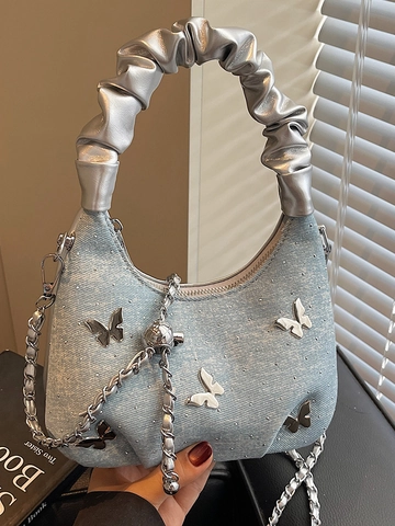 Damen Mode Denim PU Schmetterling Umhängetasche Sommer Y2K Strass Schulter Unterachsel Tasche Große Kapazität Tote Bag