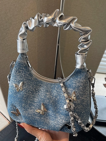 Damen Mode Denim PU Schmetterling Umhängetasche Sommer Y2K Strass Schulter Unterachsel Tasche Große Kapazität Tote Bag